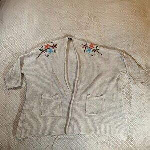 Janice Oversized Cardigan Sweater Beige Floral Embroidered Open Front Pockets